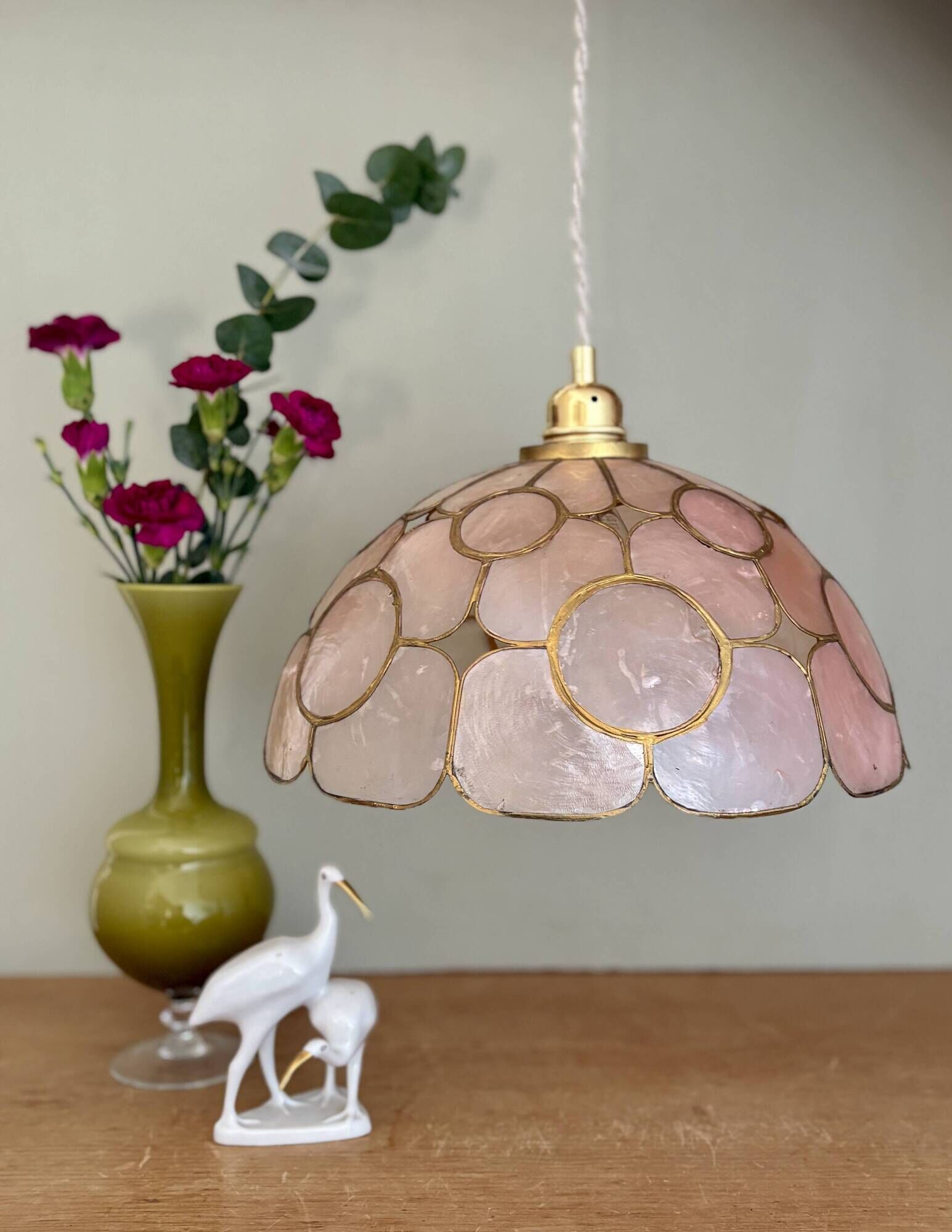 Vintage mother-of-pearl and brass lampshade pendant light