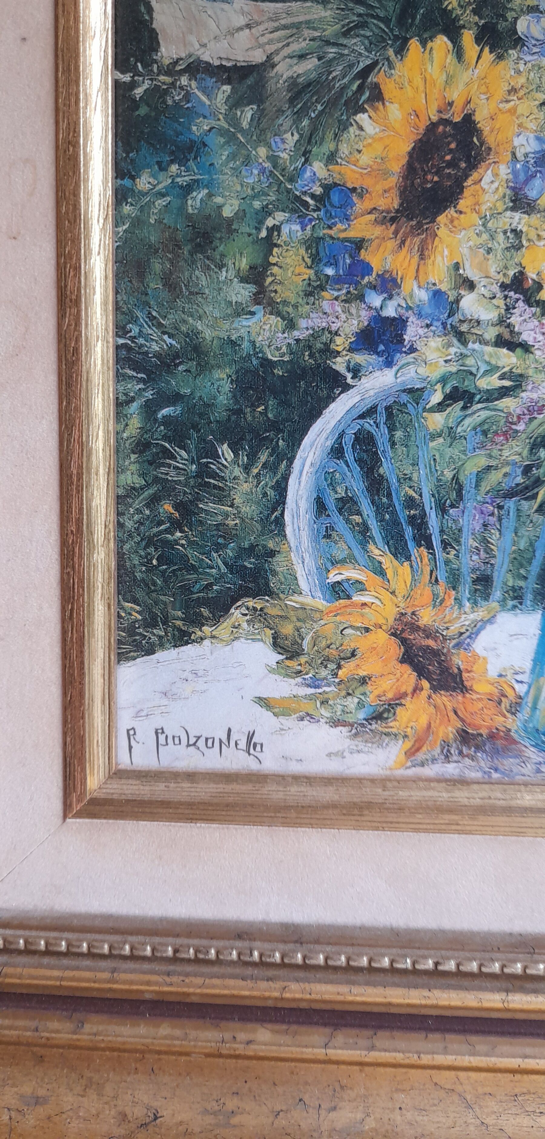 Original sunflower canvas signed by the French painter Roger Bolzonello 39 cm x 33 cm