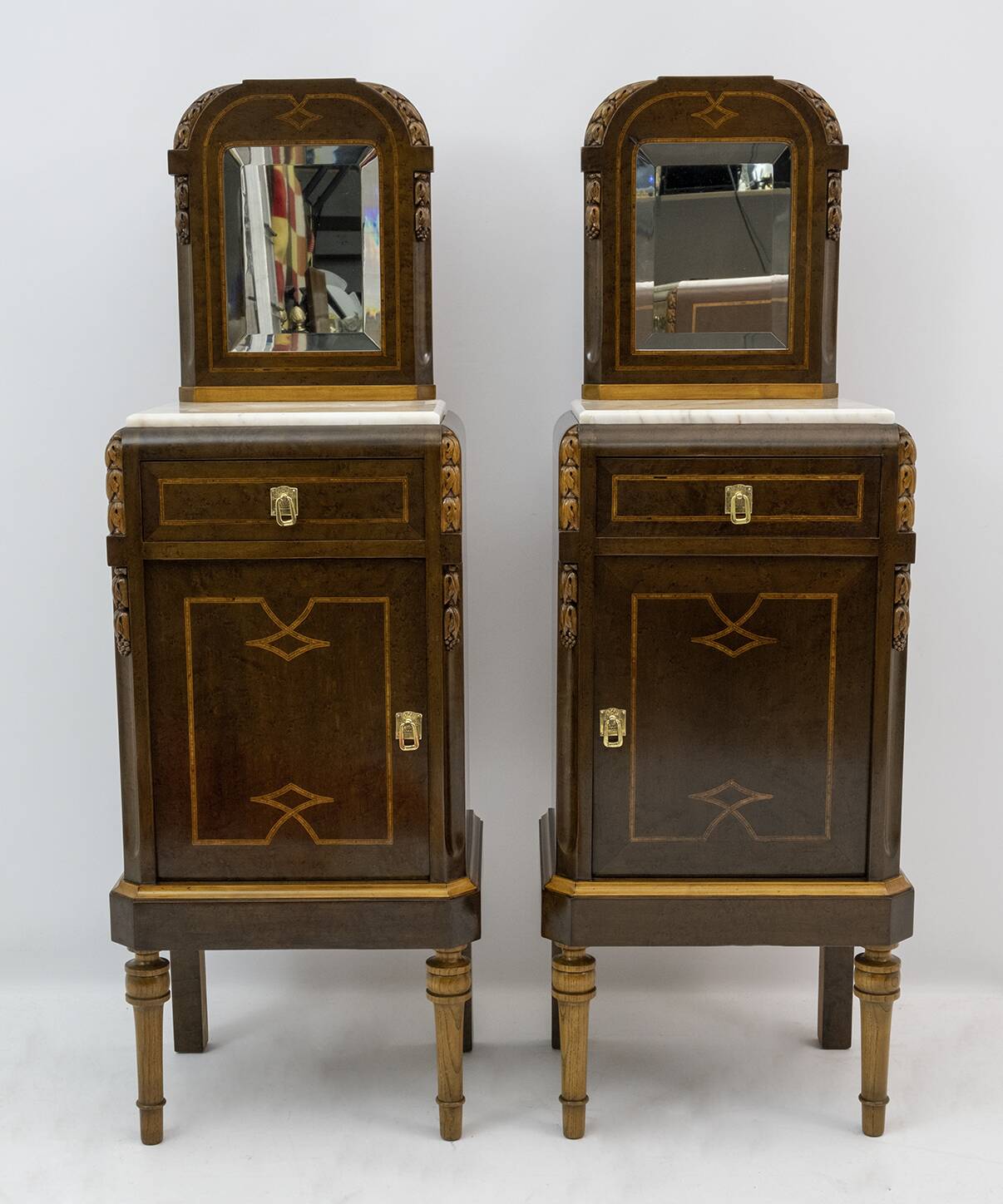 Pair of Liberty Italian Thuja Briar and Pink Portugal Marble Bedside Tables