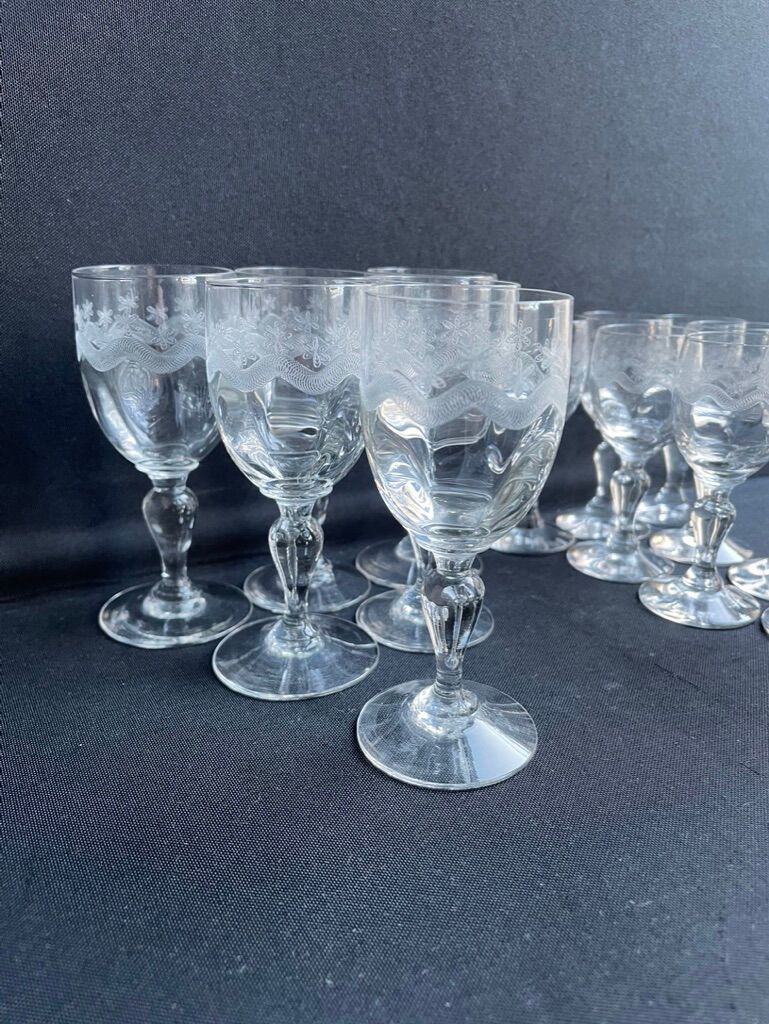 14 Meisenthal blown and engraved digestive glasses
