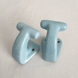 2 patères de salle de bain vintage en céramique bleue