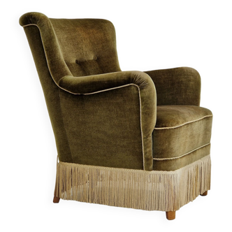 Années 1960, fauteuil vintage danois en velours vert, état d’origine.