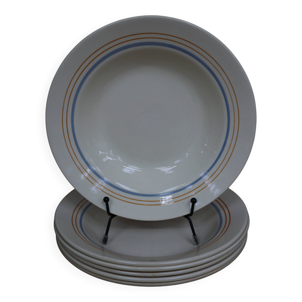 6 anciennes assiettes creuses écru liseré bleu/orange