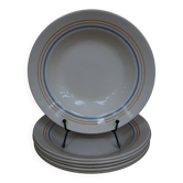 6 old cream-coloured deep plates with blue/orange trim.