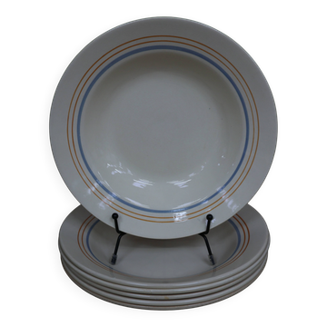 6 old cream-coloured deep plates with blue/orange trim.