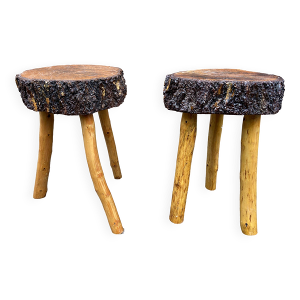 Paire de tabourets de ferme tripodes rustiques en bois 1950