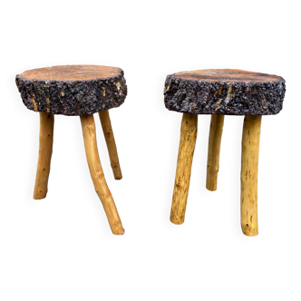 pair of rustic tripod farm stools 1950 brutalist wooden vintage French stool