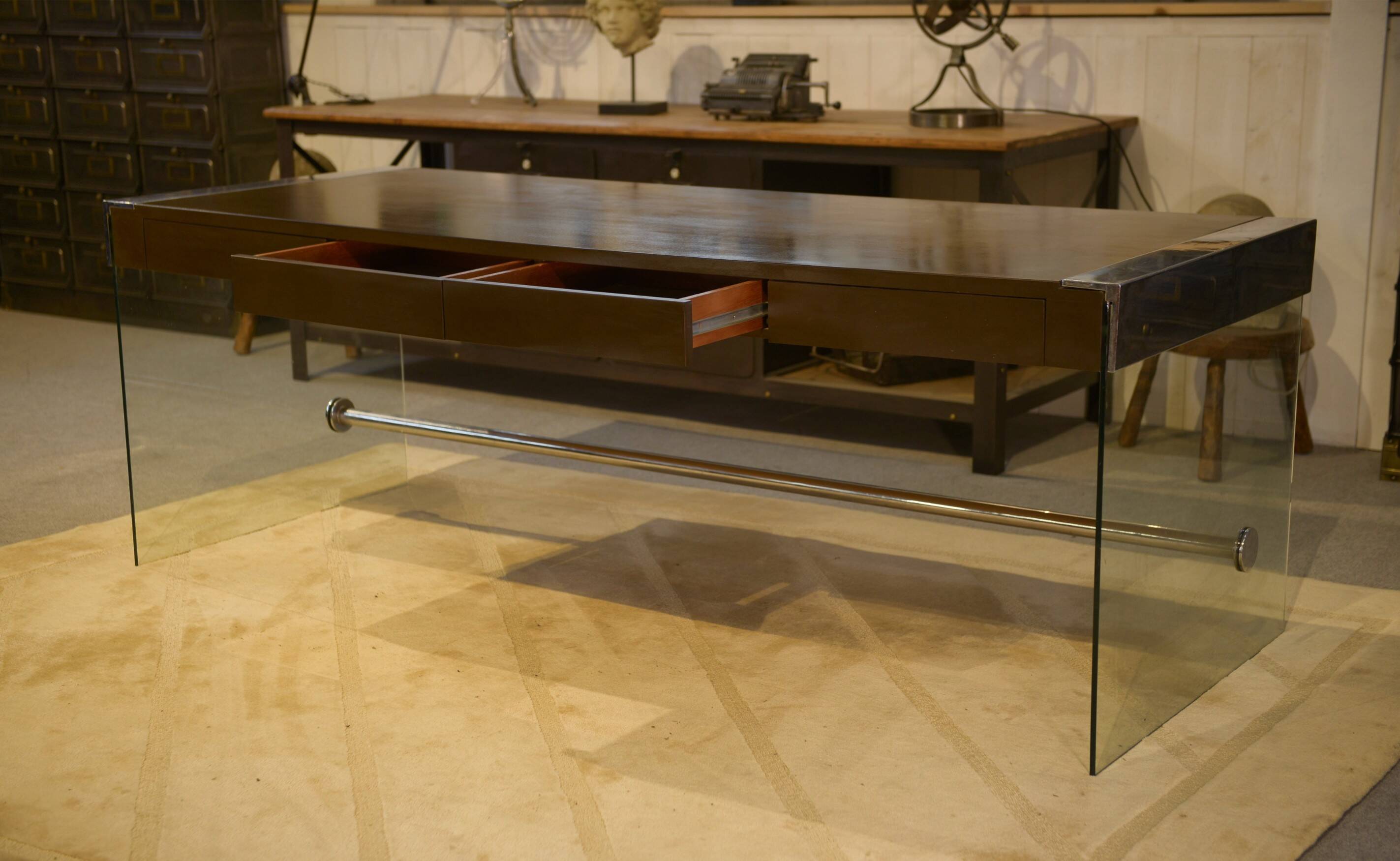 Desk design in melamine, glass and chrome 1980s