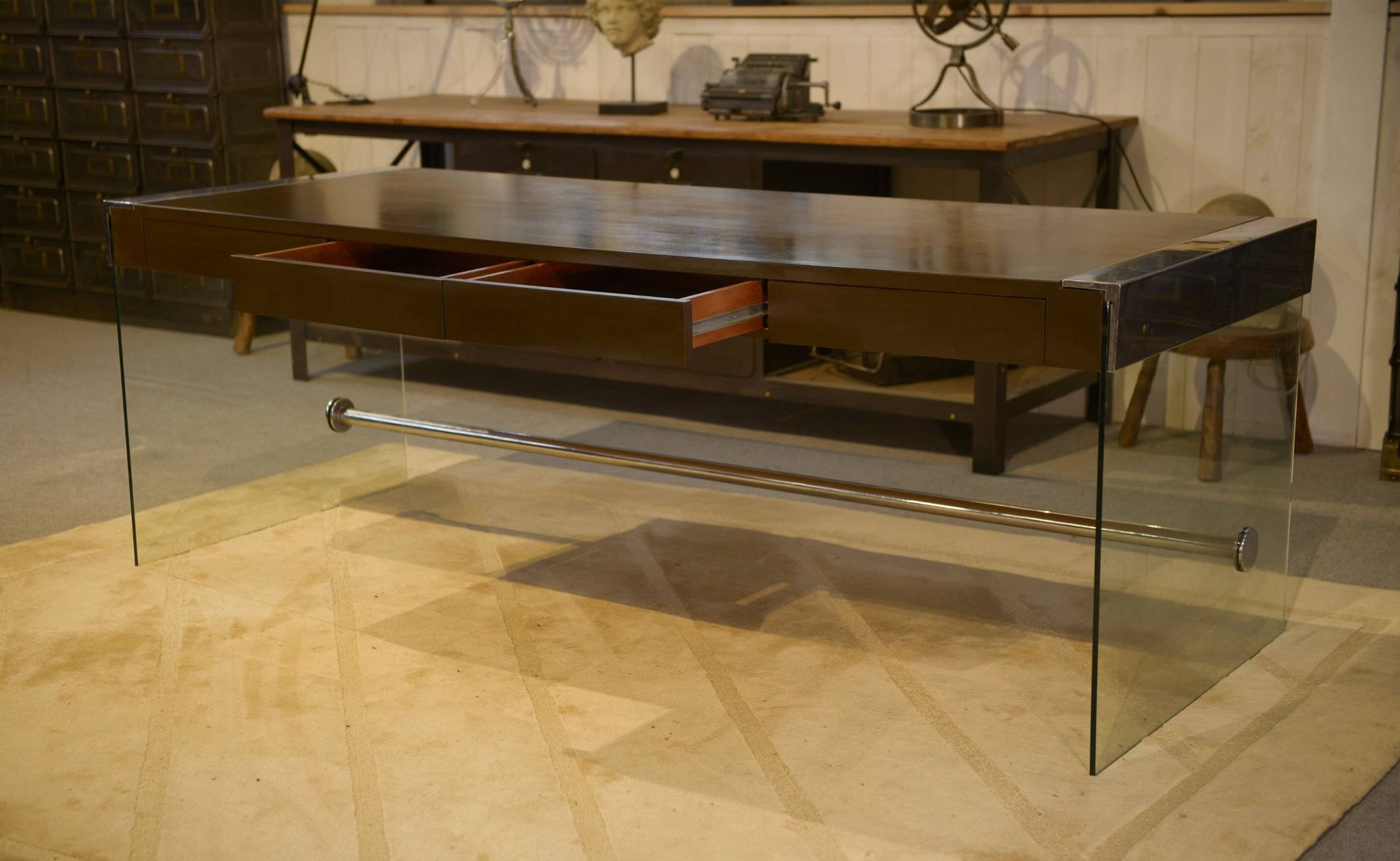 Desk design in melamine, glass and chrome 1980s