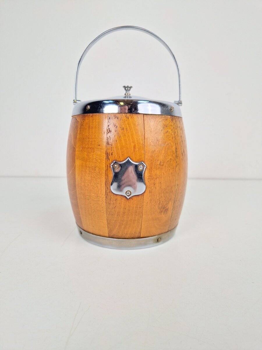 Vintage Wooden Barrel Ice Bucket with Ceramic Interior, 1960s