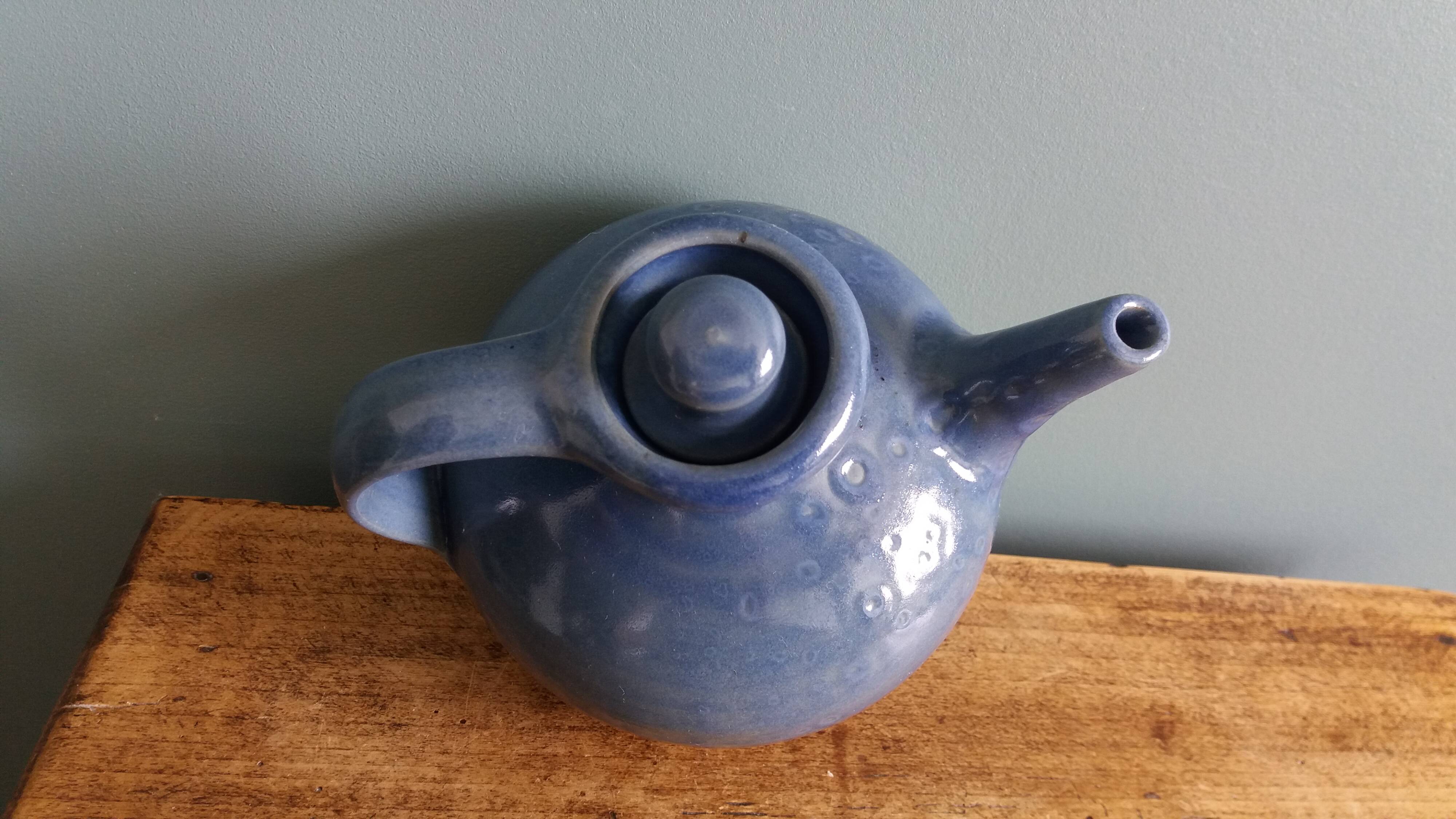 Blue glazed ceramic teapot signed