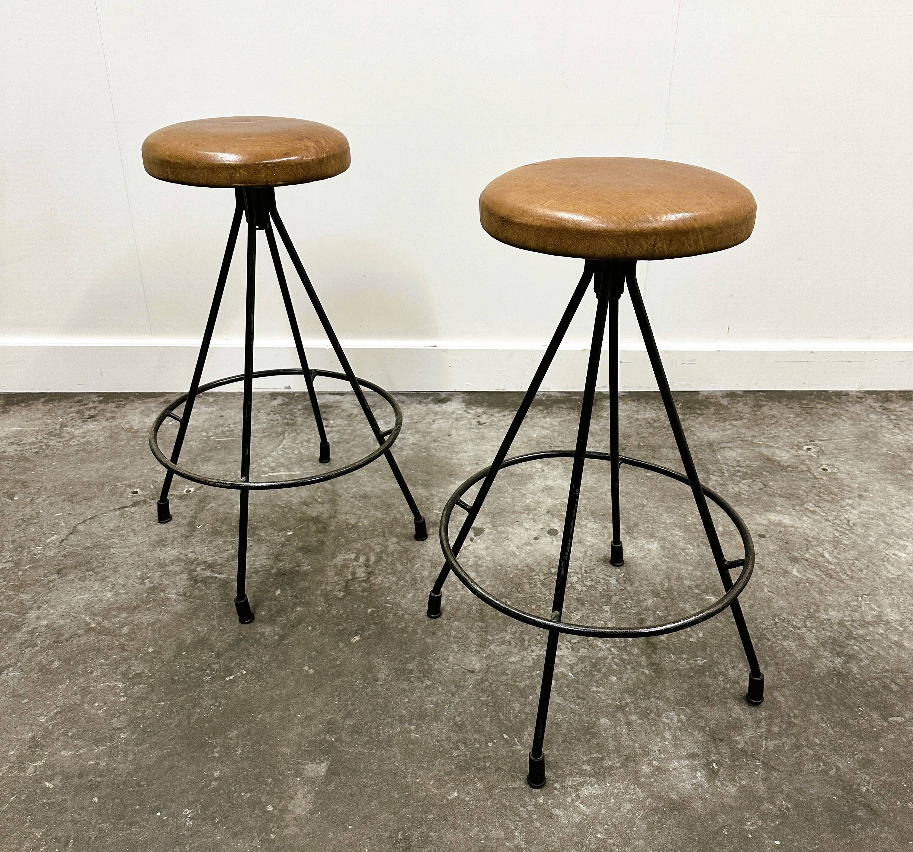 Pair of Industrial Vintage Metal Frame Bar Stools, France 1970s.