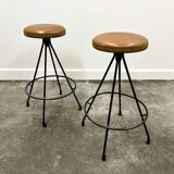 Pair of Industrial Vintage Metal Frame Bar Stools, France 1970s.