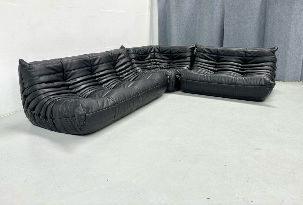 French Togo living room set in black leather by Michel Ducaroy for Ligne Roset, set of 3