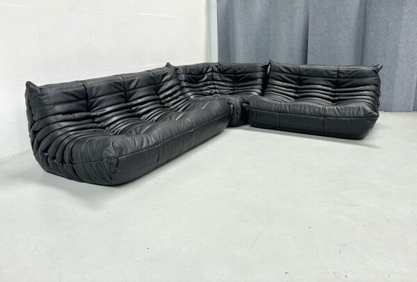 Ensemble de salon Togo français en cuir noir par Michel Ducaroy pour Ligne Roset, ensemble de 3 pièces