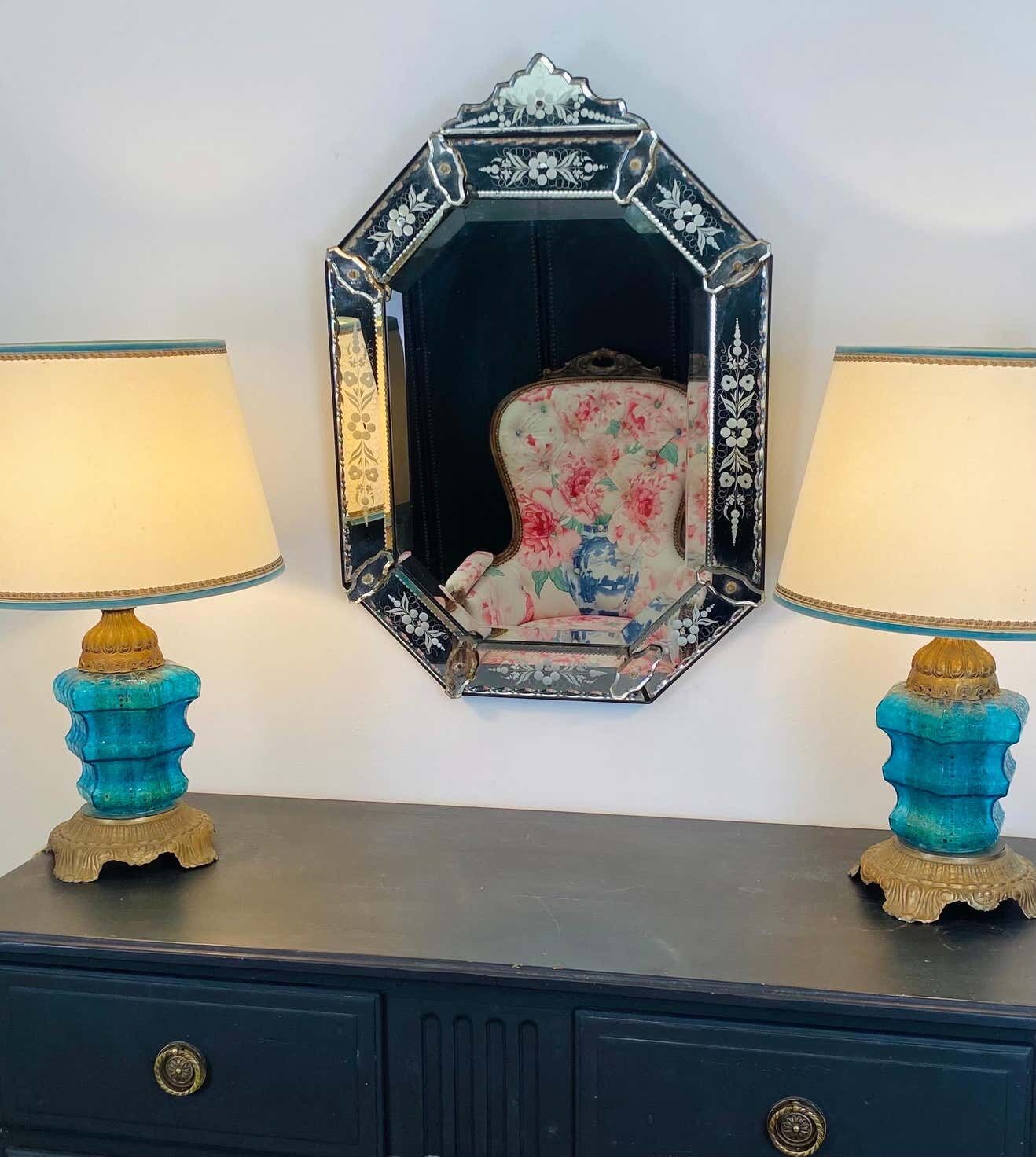 Miroir Louis XIV Régence à parcloses verre gravé Italie