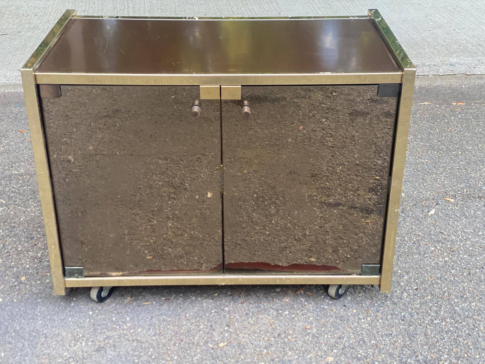 Vintage 70s TV cabinet Hi-Fi brass smoked glass on wheels Hollywood Reg