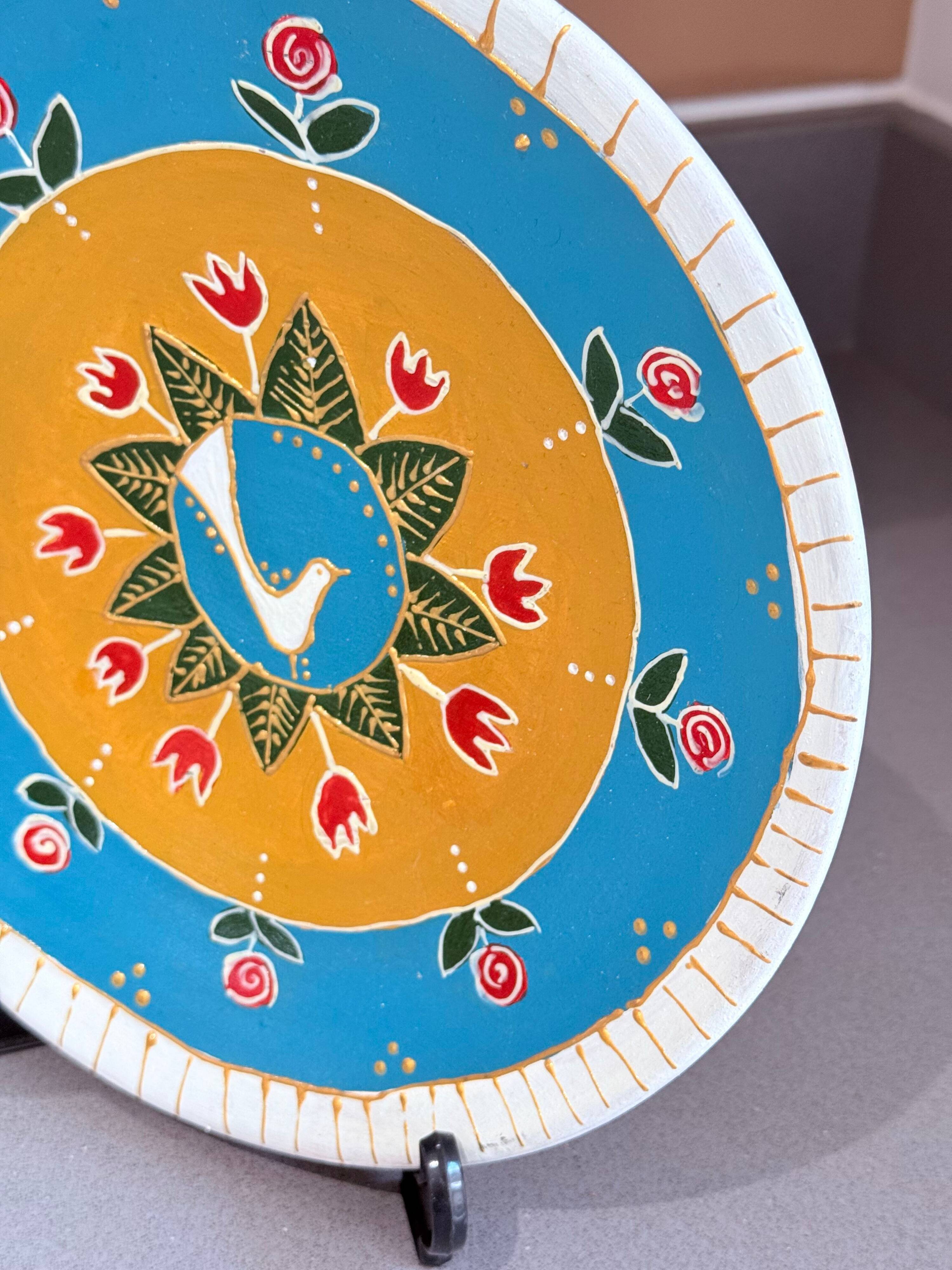 Hand-Painted Wall Decorative Ceramic Plate with Dove & Floral Folk Art Design