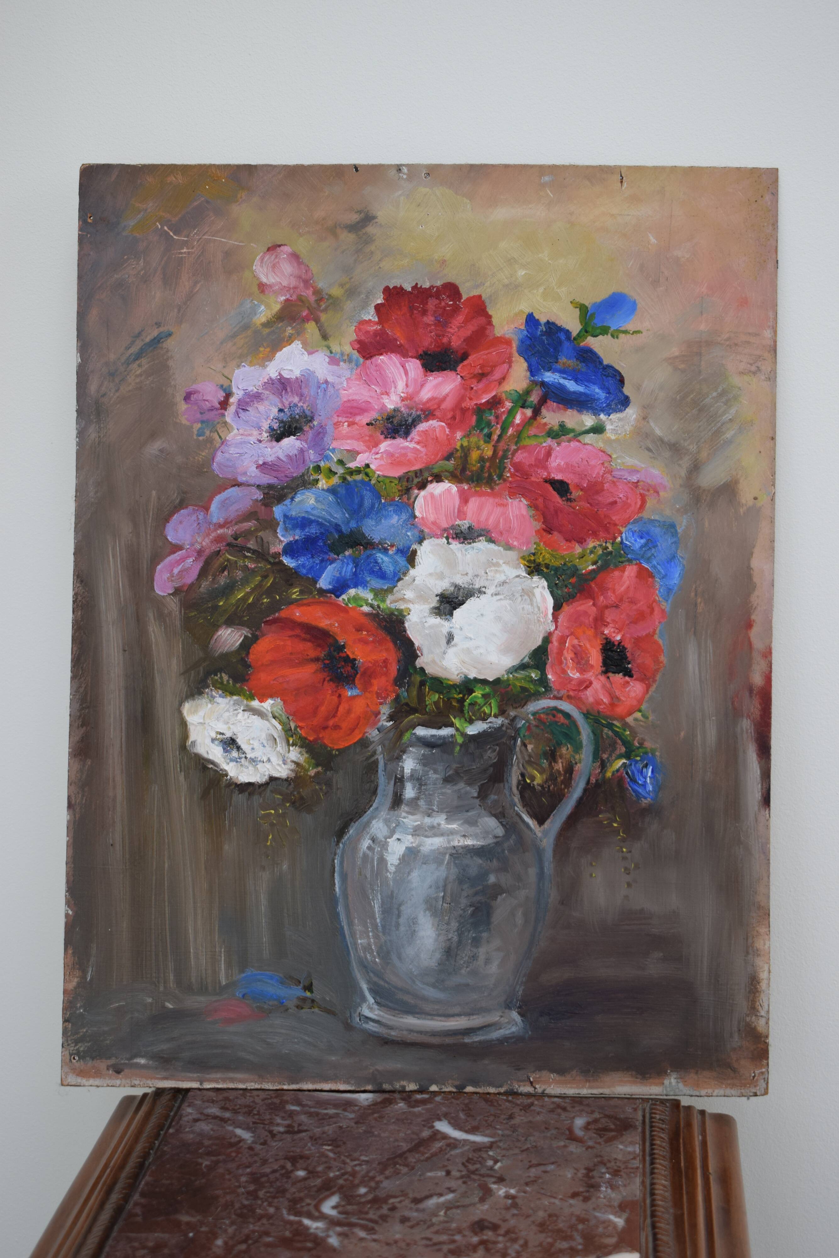 Oil on panel vintage painting Summer bouquet