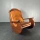 Brutalist pine rocking lounge chair with leather seat by Wasa 1984