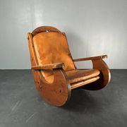 Brutalist pine rocking lounge chair with leather seat by Wasa 1984