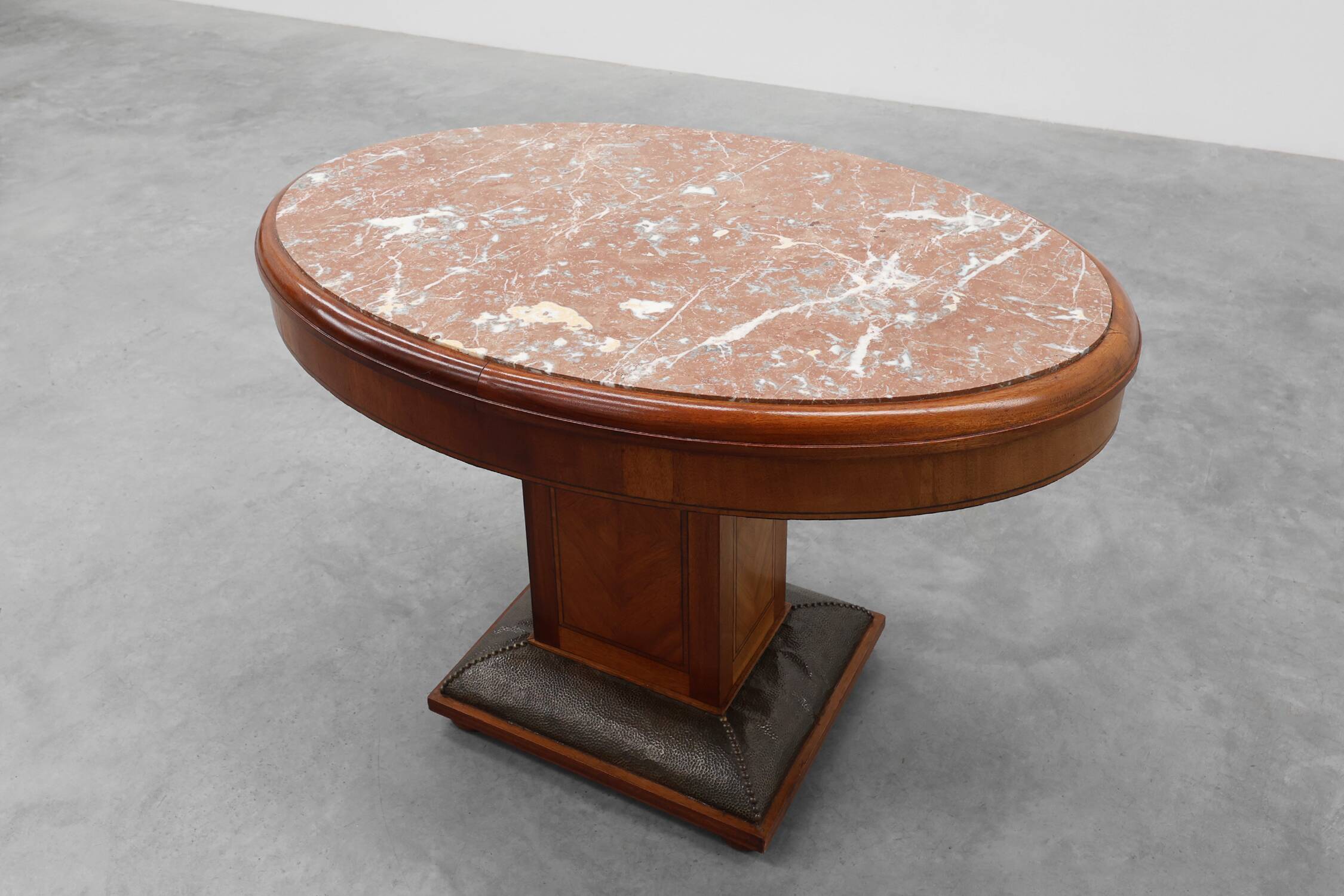 Oval Art Deco Side Table in Walnut with Marble Top by De Coene, Belgium
