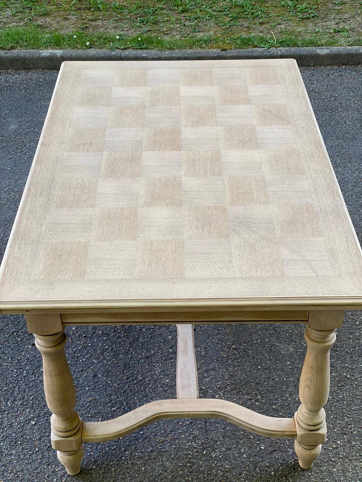 Extendable rectangular farmhouse table renovated oak and marquetry 255cm