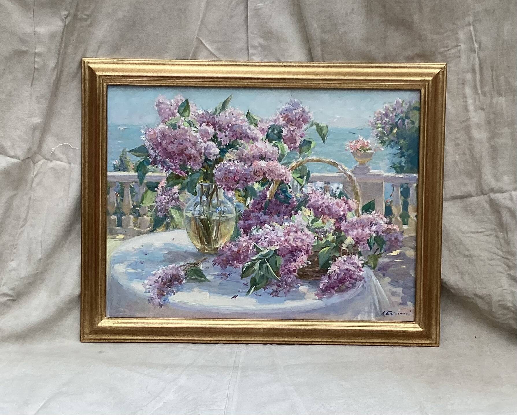Framed signed painting Oil on canvas “The lilacs” dimension: height -55cm- width -70cm-