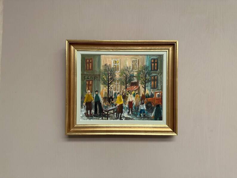 Original Swedish Oil on Canvas – “Market Scene” by Arne Wallsten – Signed