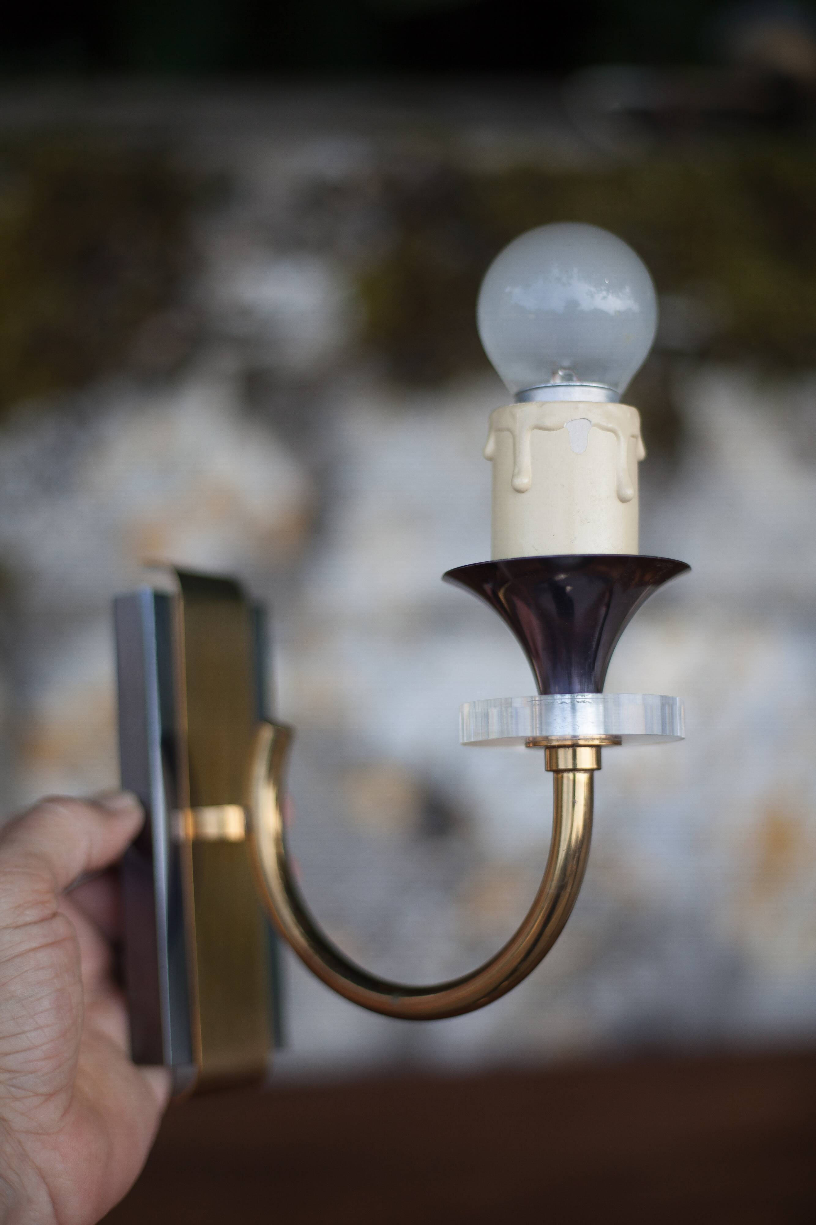 Pair of wall lamps, vintage wall lamp, two-tone brass wall lamp with lucite, lighting, decoration