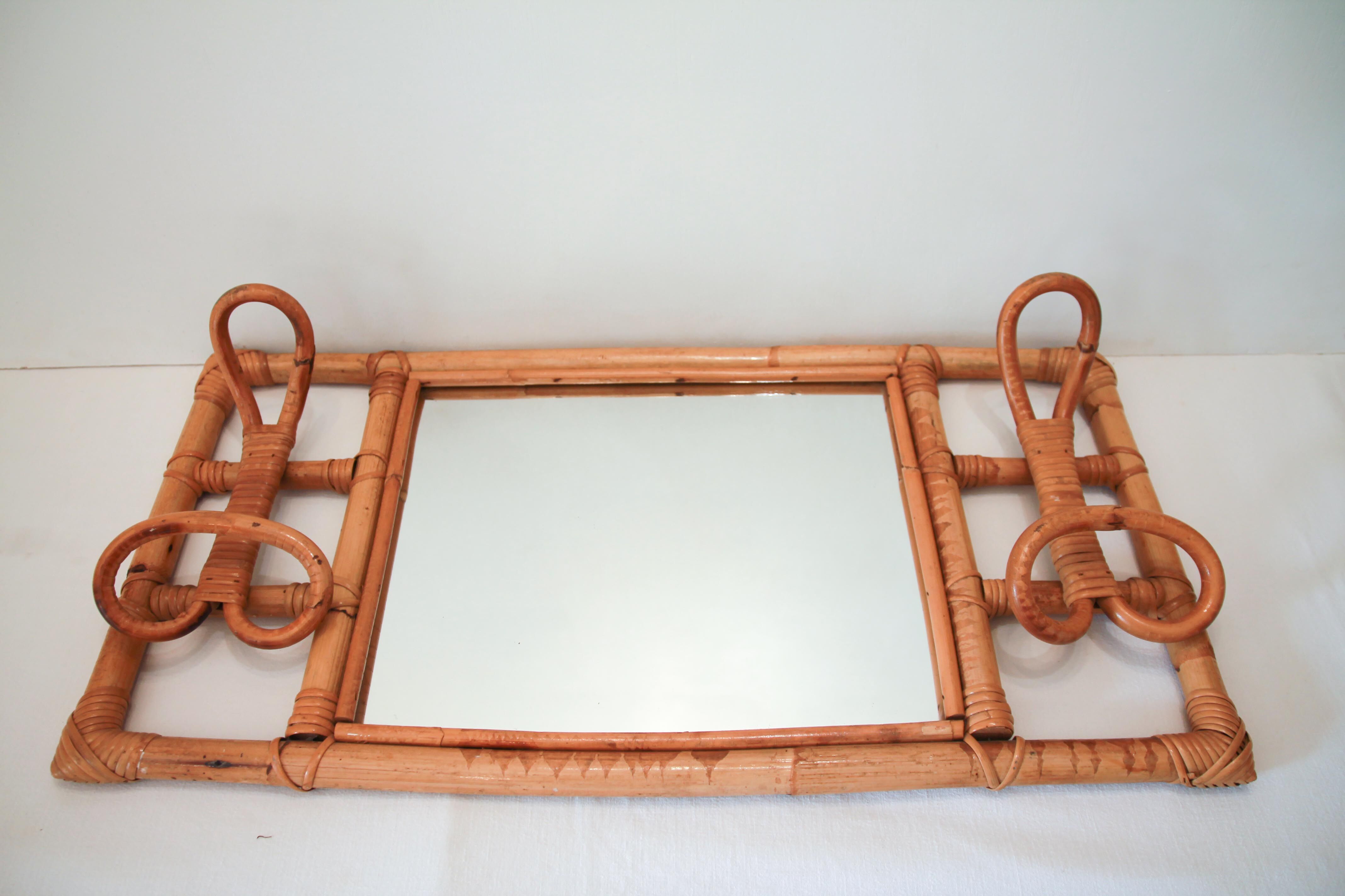Rattan mirror-coat rack