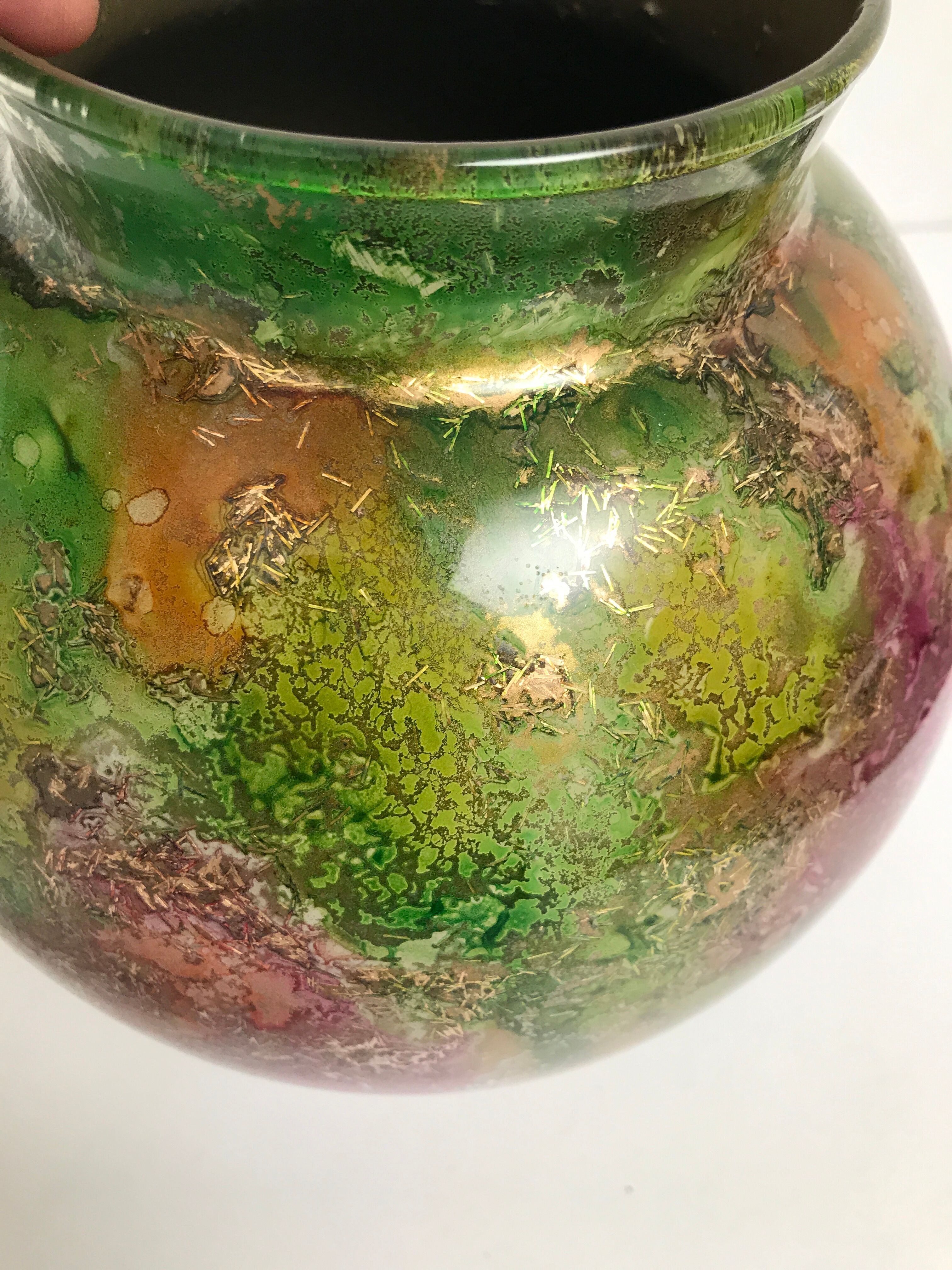 Linear lacquered glass vase 1970-1980 with internal decoration of gold oxides unique handmade piece