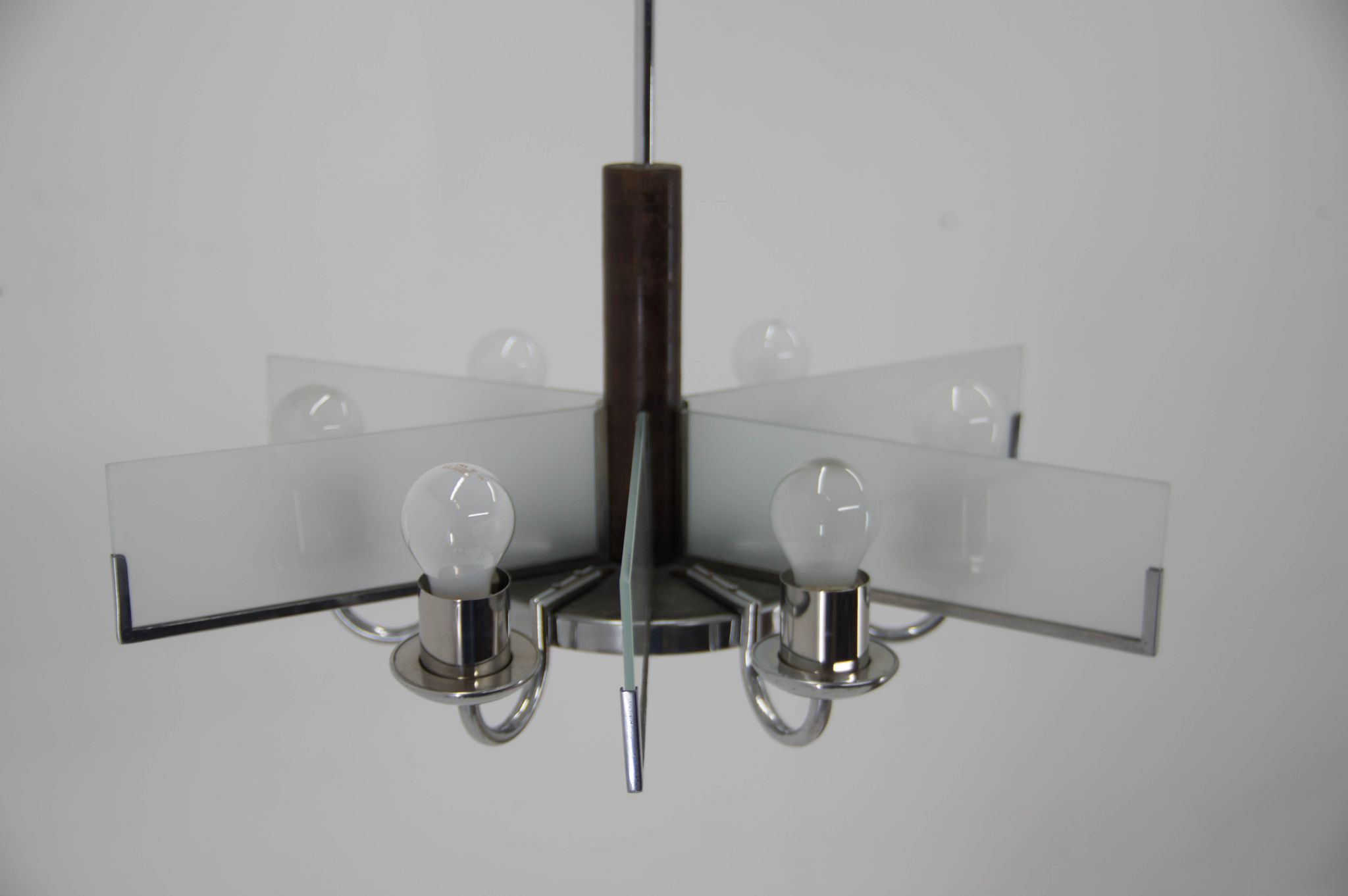 Art Deco Chandelier Made of Chrome, Wood and Sandblasted Glass, 1940s