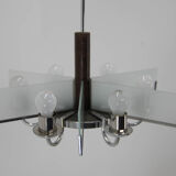 Art Deco Chandelier Made of Chrome, Wood and Sandblasted Glass, 1940s