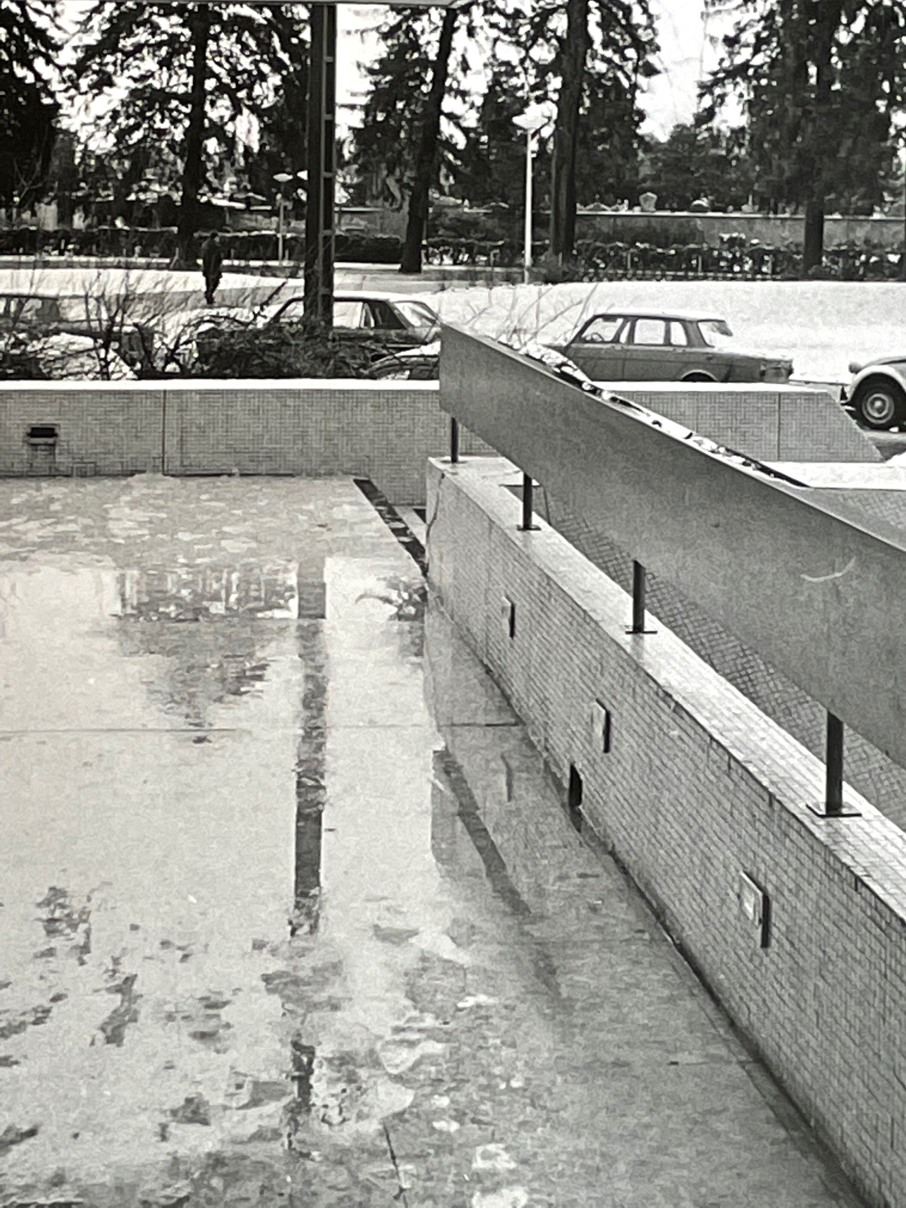 Photograph black and white silver print circa 1970 building hall