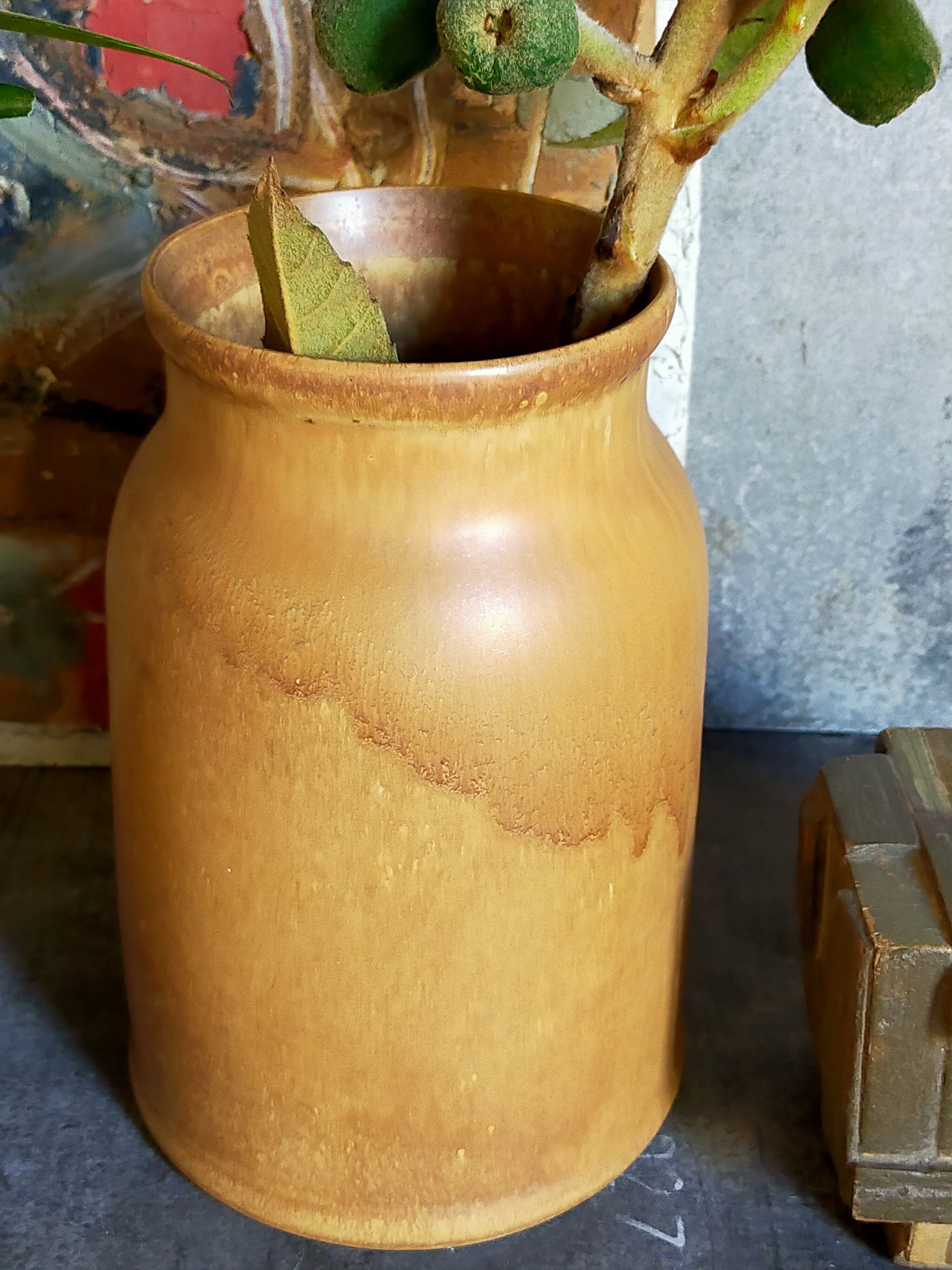 Vintage French enamelled straight sandstone vase