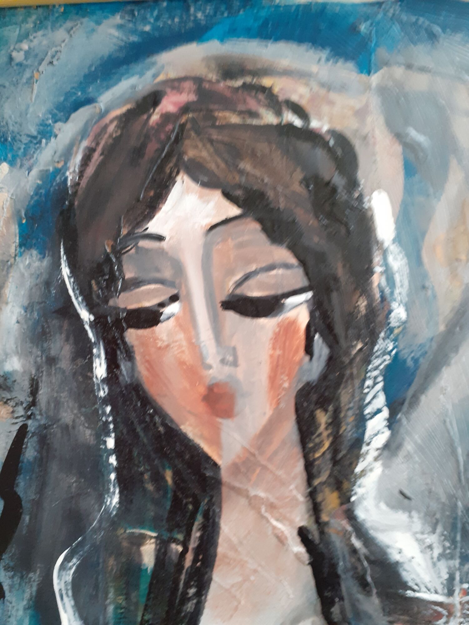 Portrait of a long-haired woman. Contemporary painter side: Hrasarkos.Acrylic.