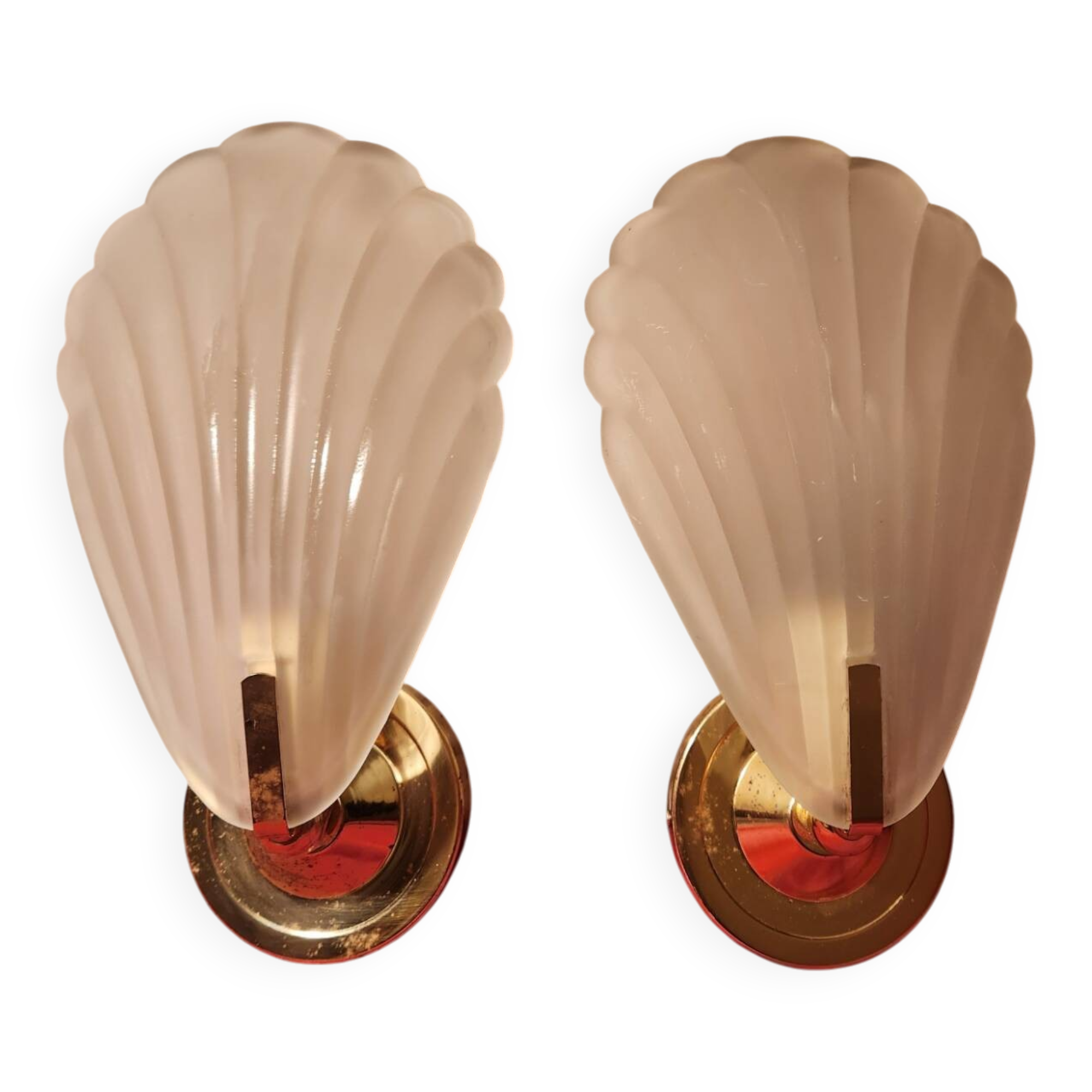 Pair of vintage brass wall lights with opaque glass shells