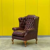 Burgundy Leather Wingback Chesterfield Armchair