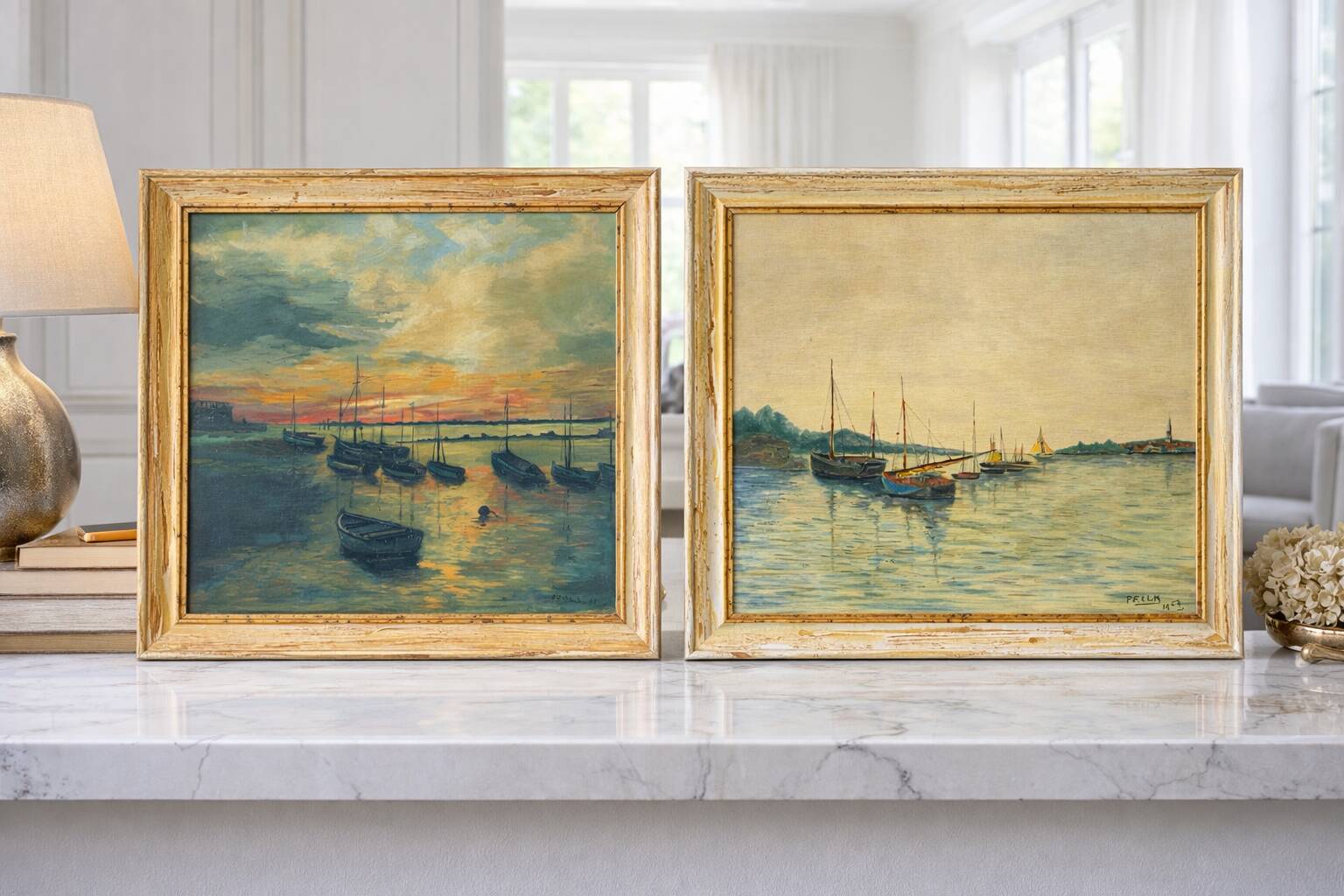 Pair of marine paintings signed Frola, boats, oil on canvas, 20th century.
