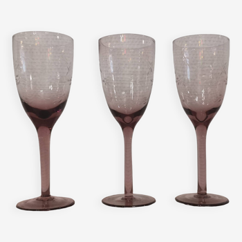 3 purple crystal flutes with finely engraved patterns from the 70s