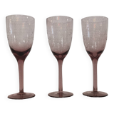 3 purple crystal flutes with finely engraved patterns from the 70s
