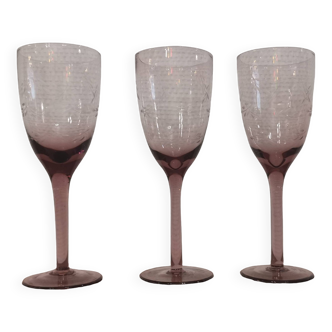 3 purple crystal flutes with finely engraved patterns from the 70s