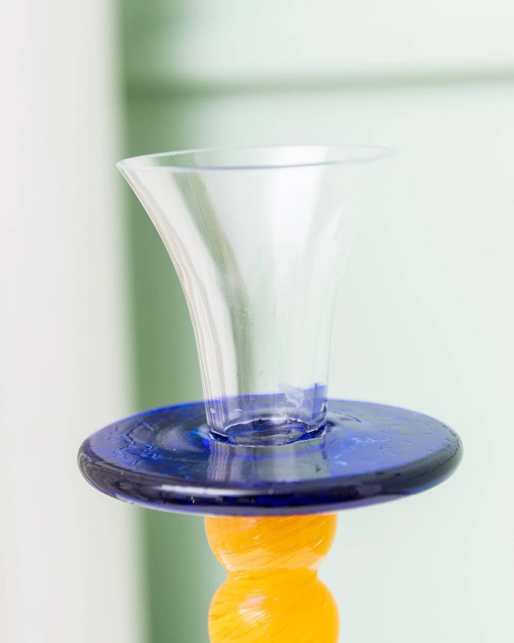 Murano Glass Candleholder - Postmodern Memphis Milano 1980s, Yellow Stem, Cobalt Base, Clear Cup