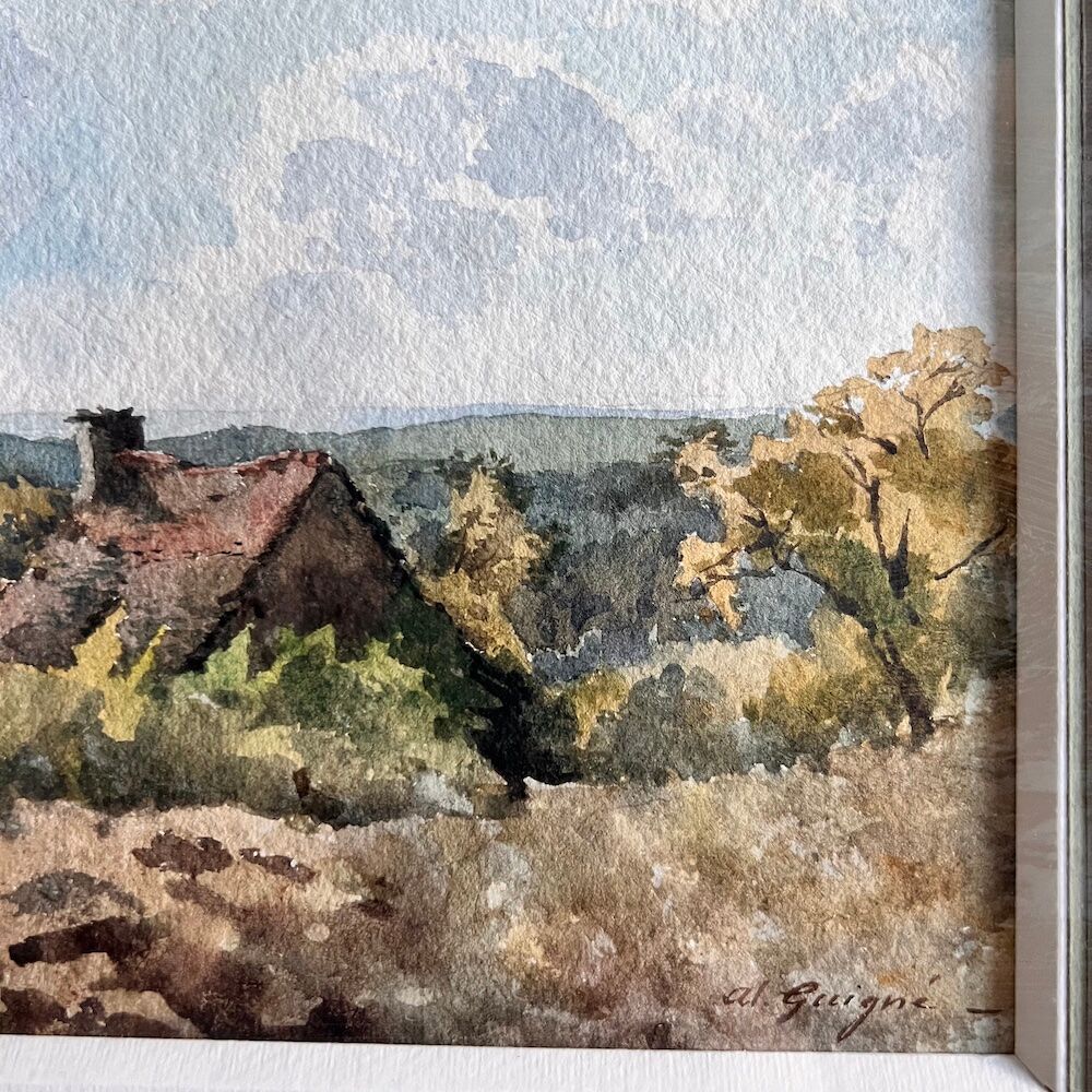 Watercolor framed countryside landscape