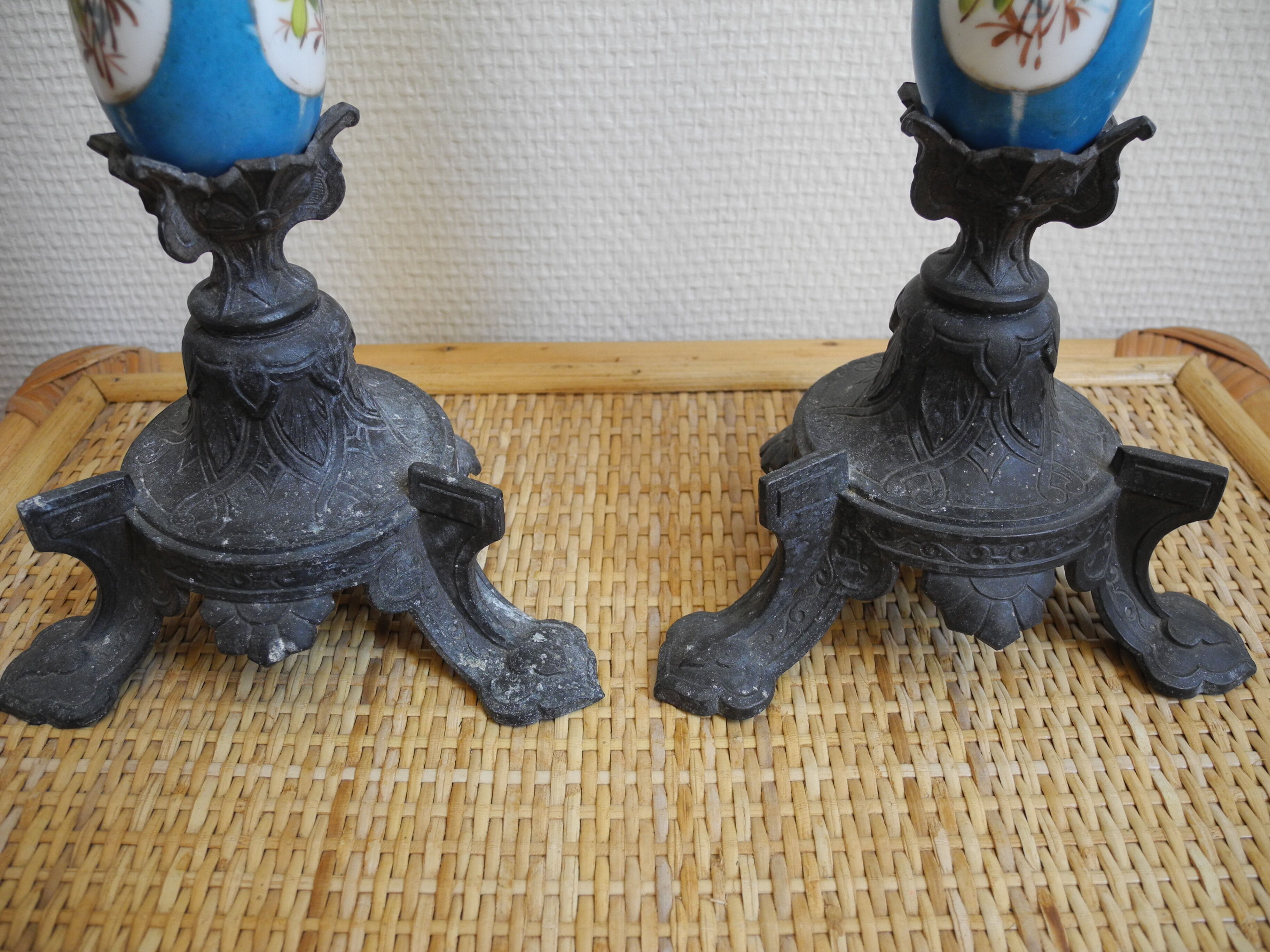 pair old candlesticks tin porcelain old french candlesticks