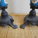 pair old candlesticks tin porcelain old french candlesticks