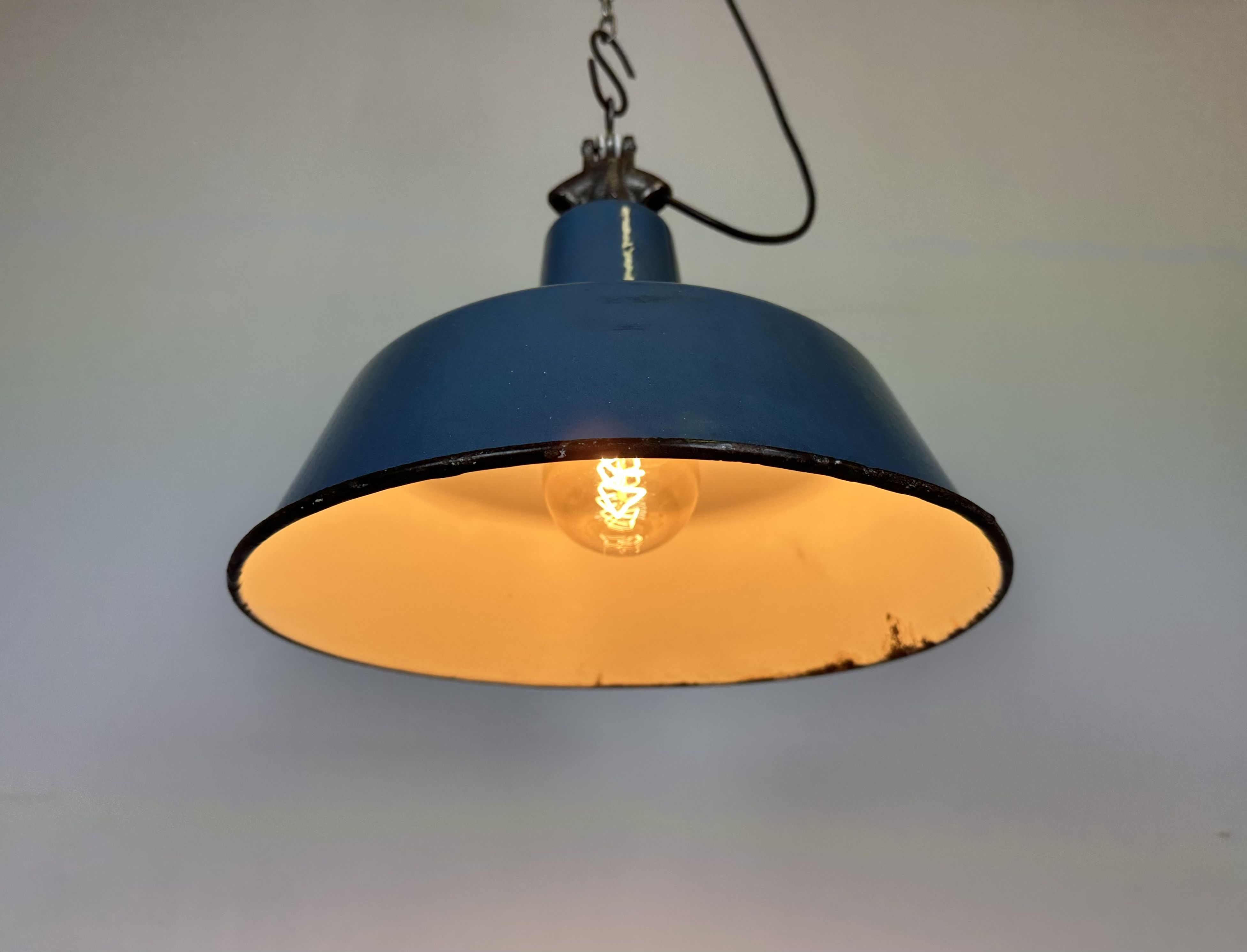 Industrial Blue Enamel Factory Lamp with Cast Iron Top, 1960s