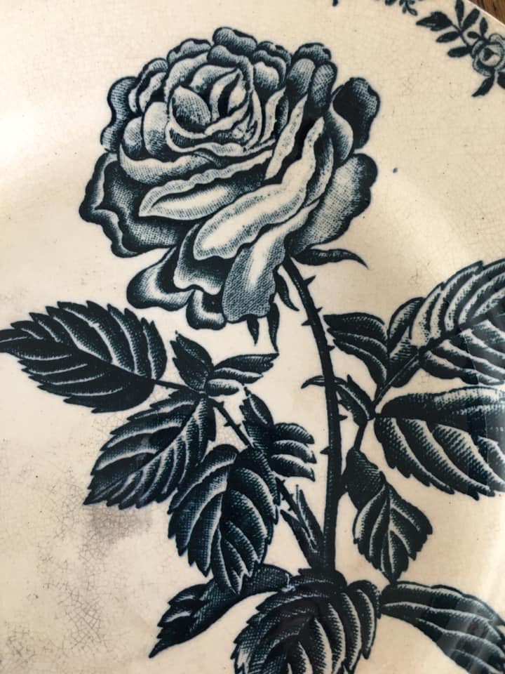 2 old flat plates decorated with dark blue roses in earthenware. Two different settings