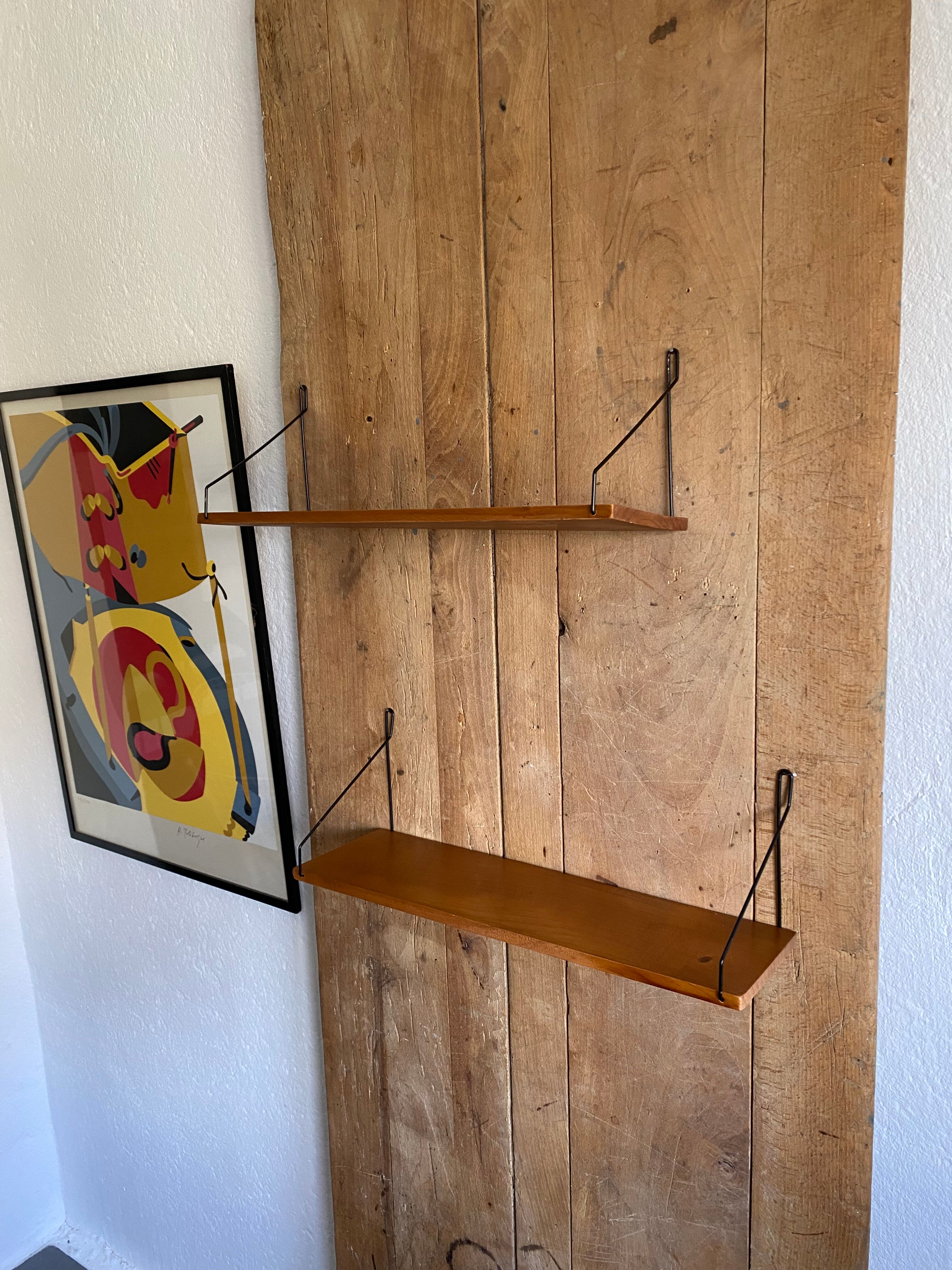 Pair shelves string wood vintage midcentury